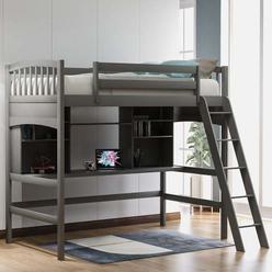 MERA Twin Loft Bed with Desk, Solid Wood Twin Size Loft Bed with Shelves (gray)