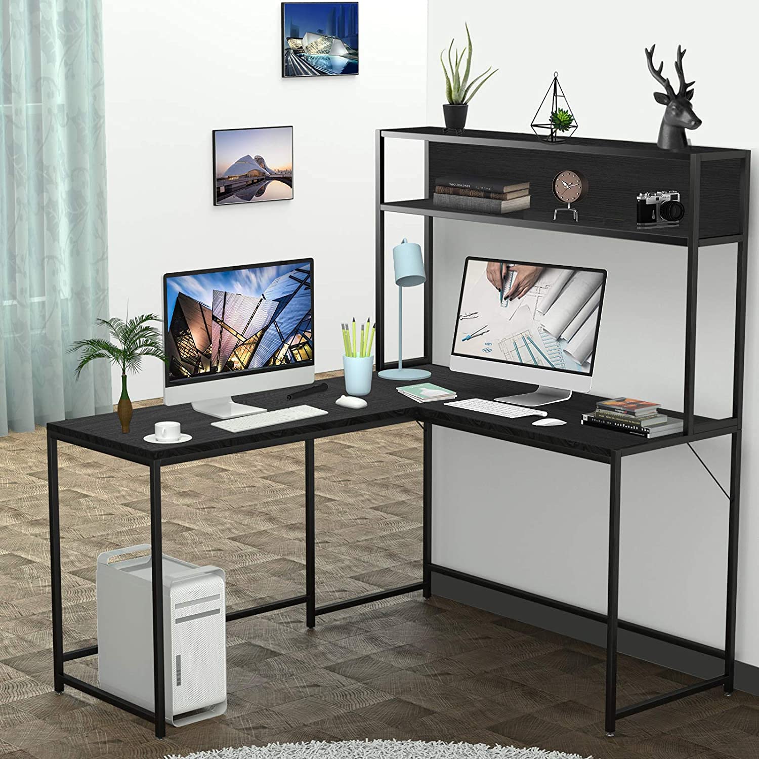 Qcen L-Shaped computer Desk with Hutch, corner Desk for Home Office, Writing Study Desk with Storage Shelves, 55 inch Large Pc g