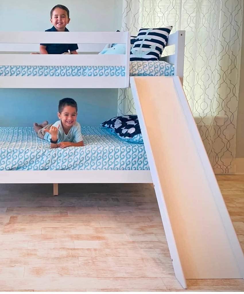 custom Kids Furniture Reese Twin Over Twin Full Bunk Bed with Slide and Stairs - Full Length Wood Floor Bunk Bed with guard Rail
