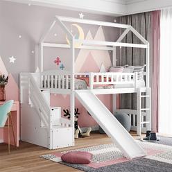 Harper & Bright Desi Loft Bed with Slide, House Loft Beds Twin Size with Step Storage Drawers Stairway Playhouse Bed for Kids Toddlers girlsBoys, Whi