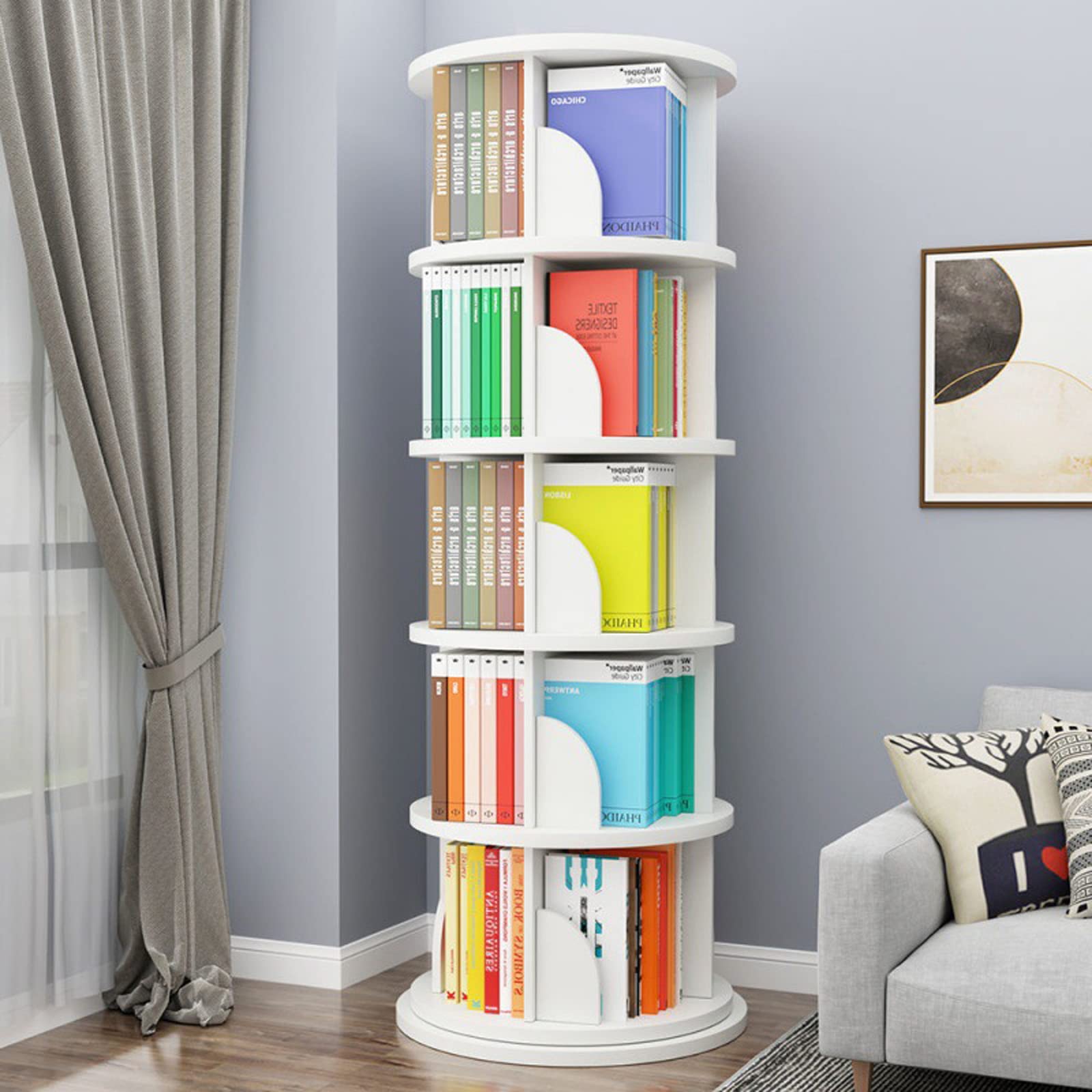 foriy 5 Tier Rotating Bookshelf High-Density Bookcase Modern 360A Tall Book Shelf Storage Display Rack Floor Standing Shelves wi