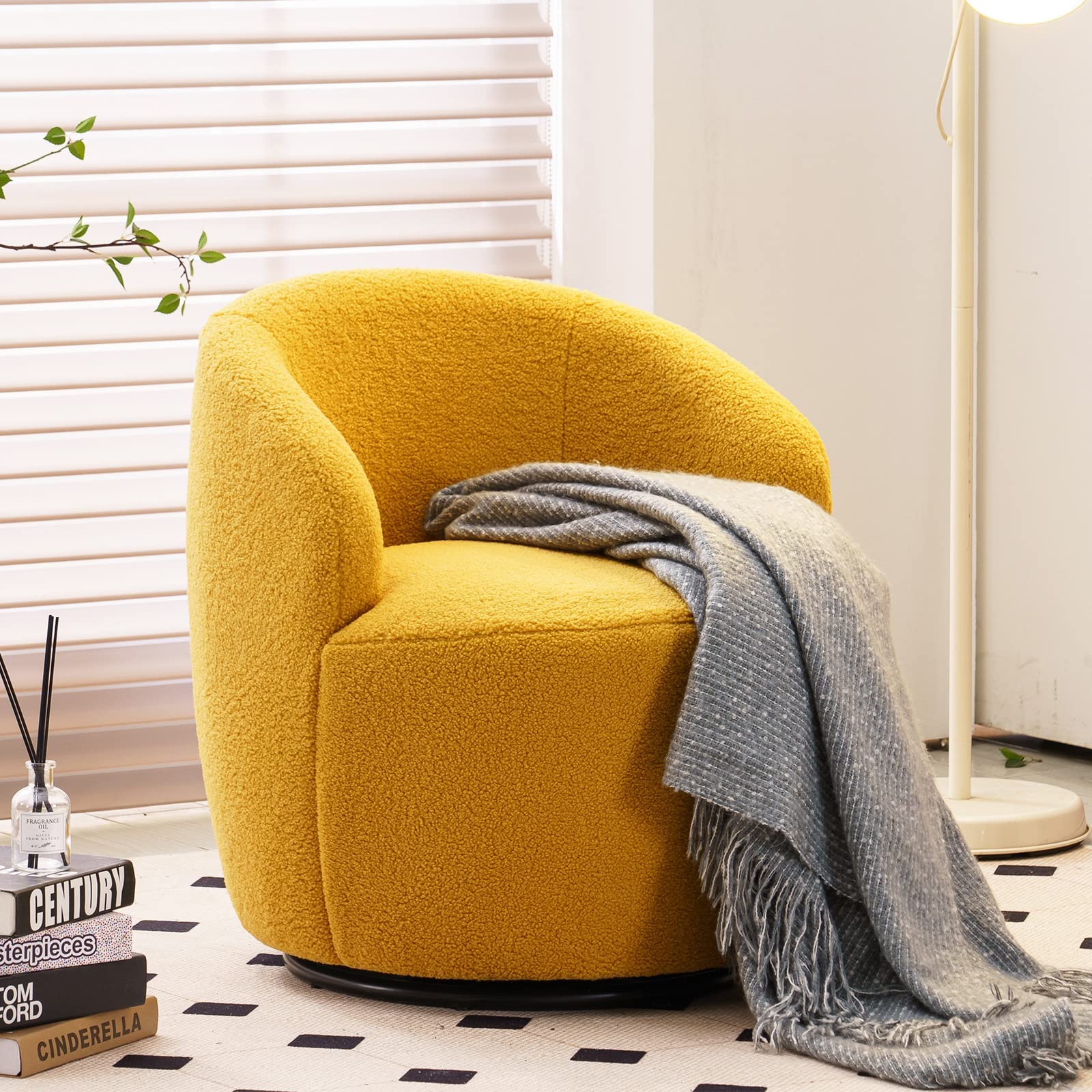 PDCHC Swivel Barrel Accent chair,Round Accent Sofa chair,360 Degree Swivel Barrel chair,Fuzzy club chair Lamb Wool Leisure Arm chair R