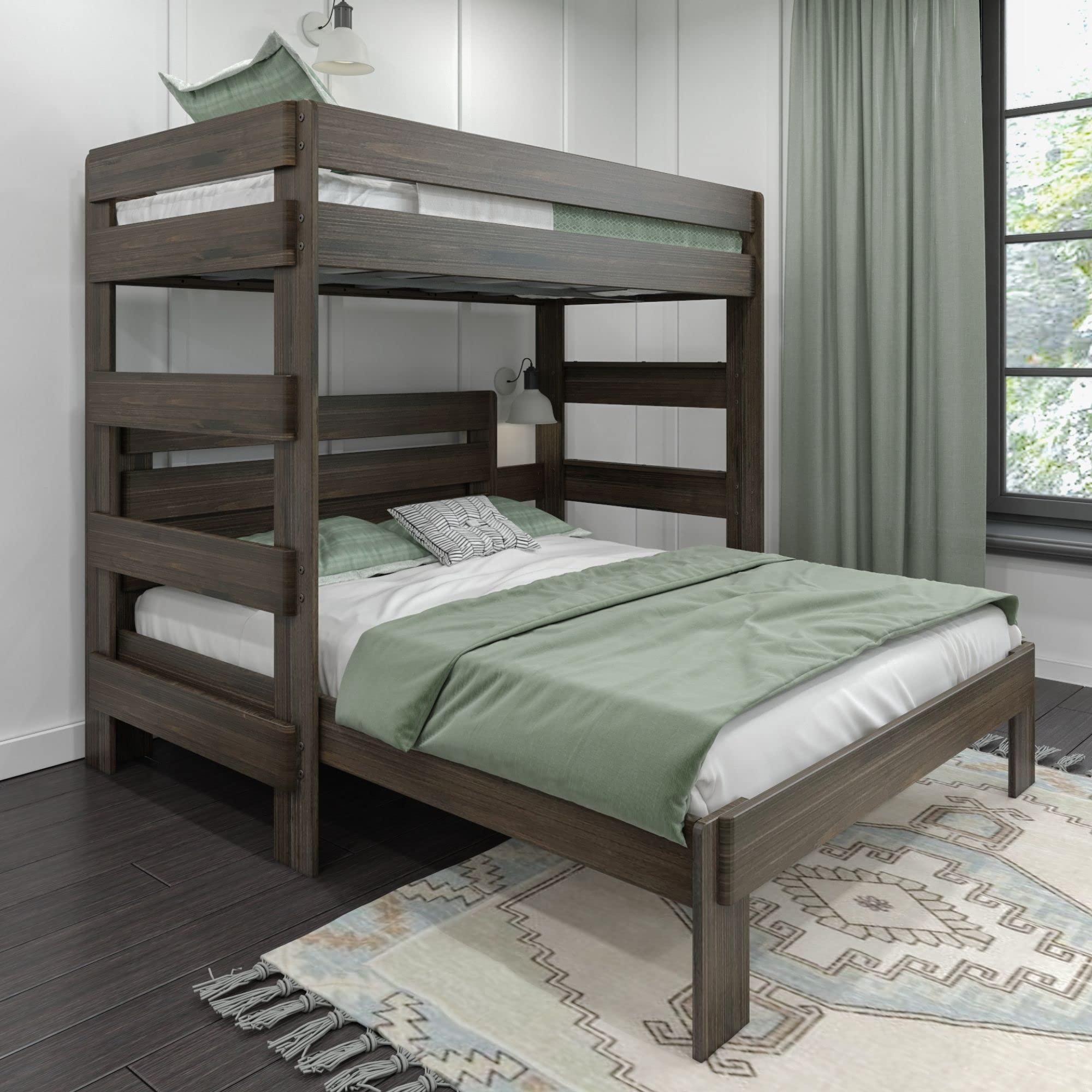 Max & Lily Modern Farmhouse Bunk Bed, L Shape Twin-Over-Queen Bed Frame For Kids, Barnwood Brown