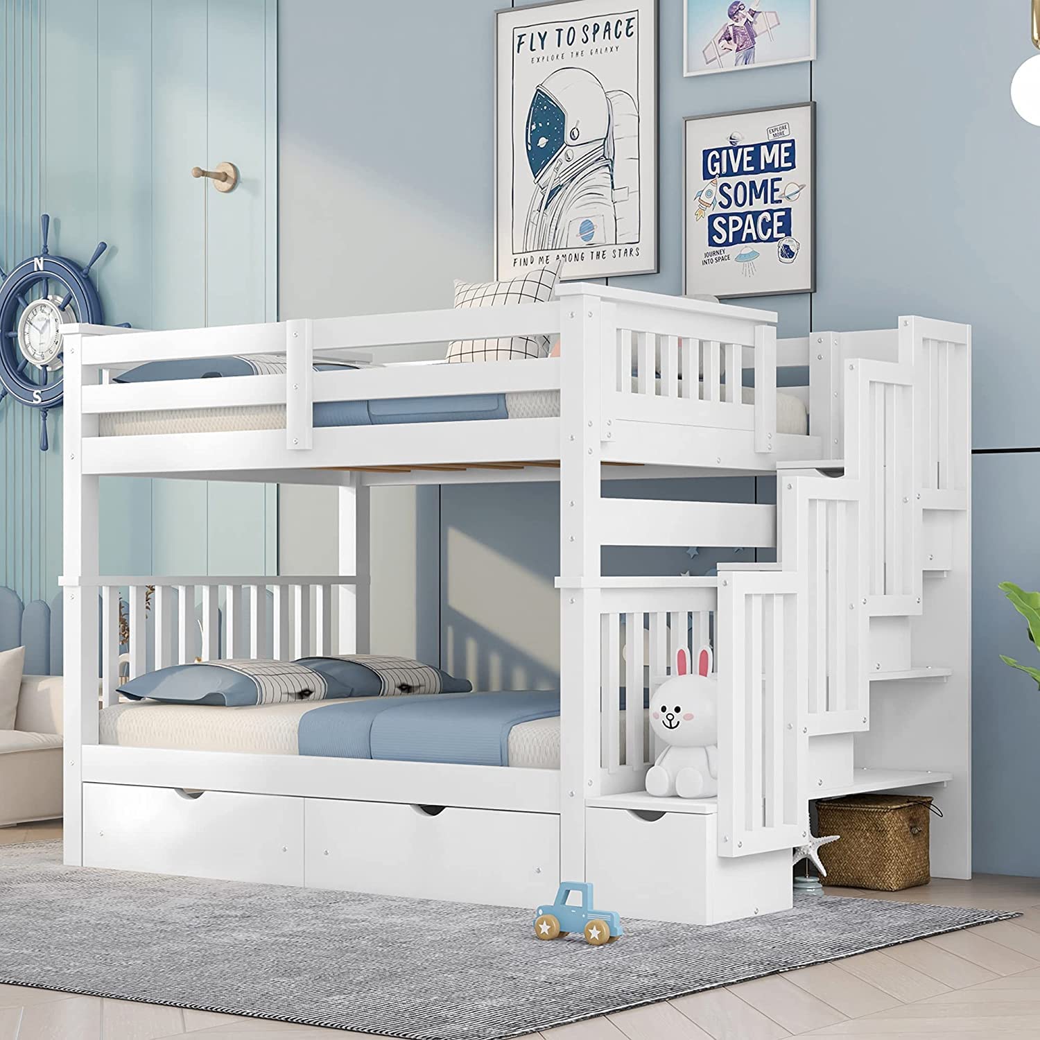 Harper & Bright Desi Full Over Full Bunk Bed with Stairs for Adults ,Wooden Full Bunk Beds with 6 Storage Drawers and Shelves, Detachable Full Size B