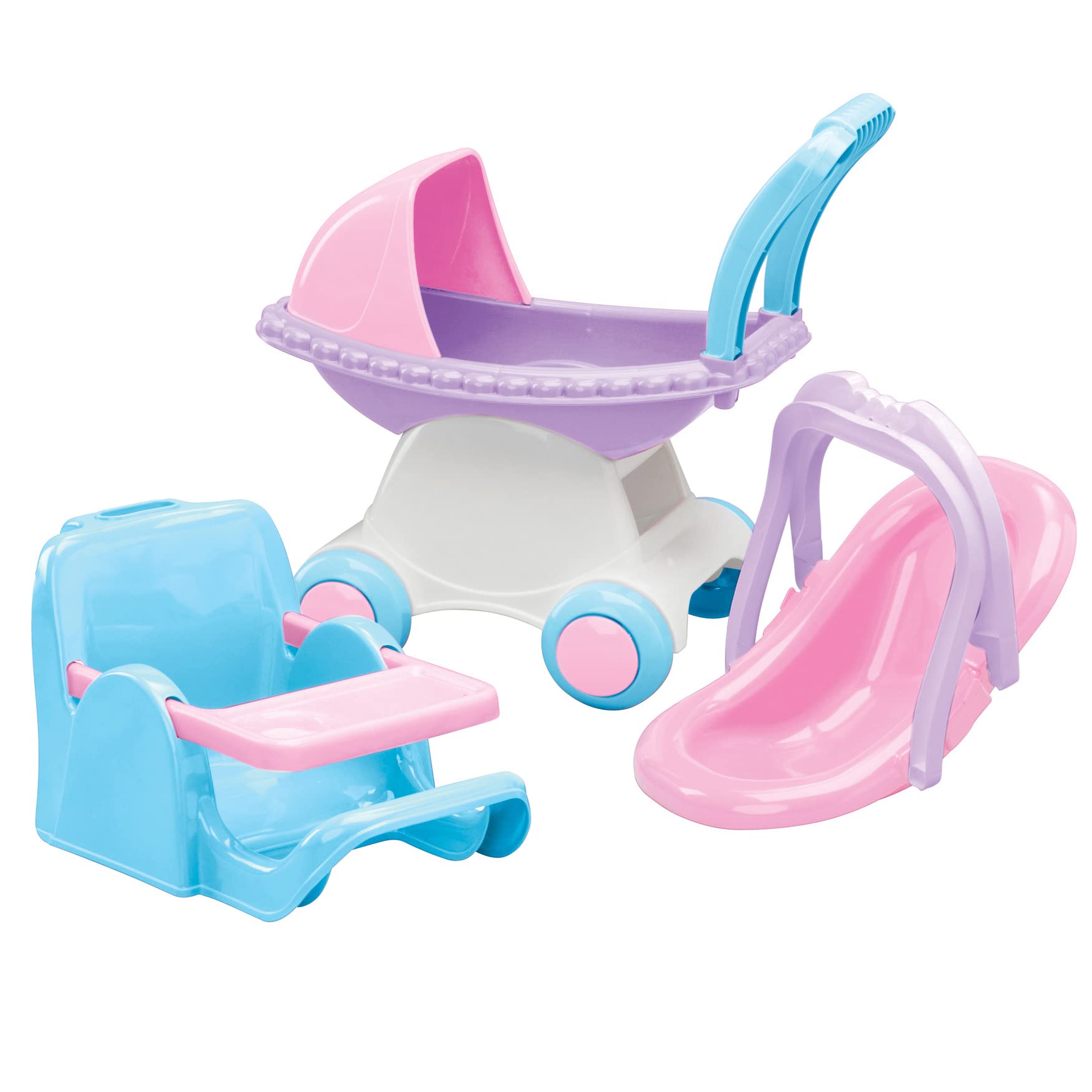 American Plastic Toys 3-Piece Baby Doll Playset, Buggy, Carrier, Clip Chair Converts To Feeding Chair, Role Play, Learn To Care