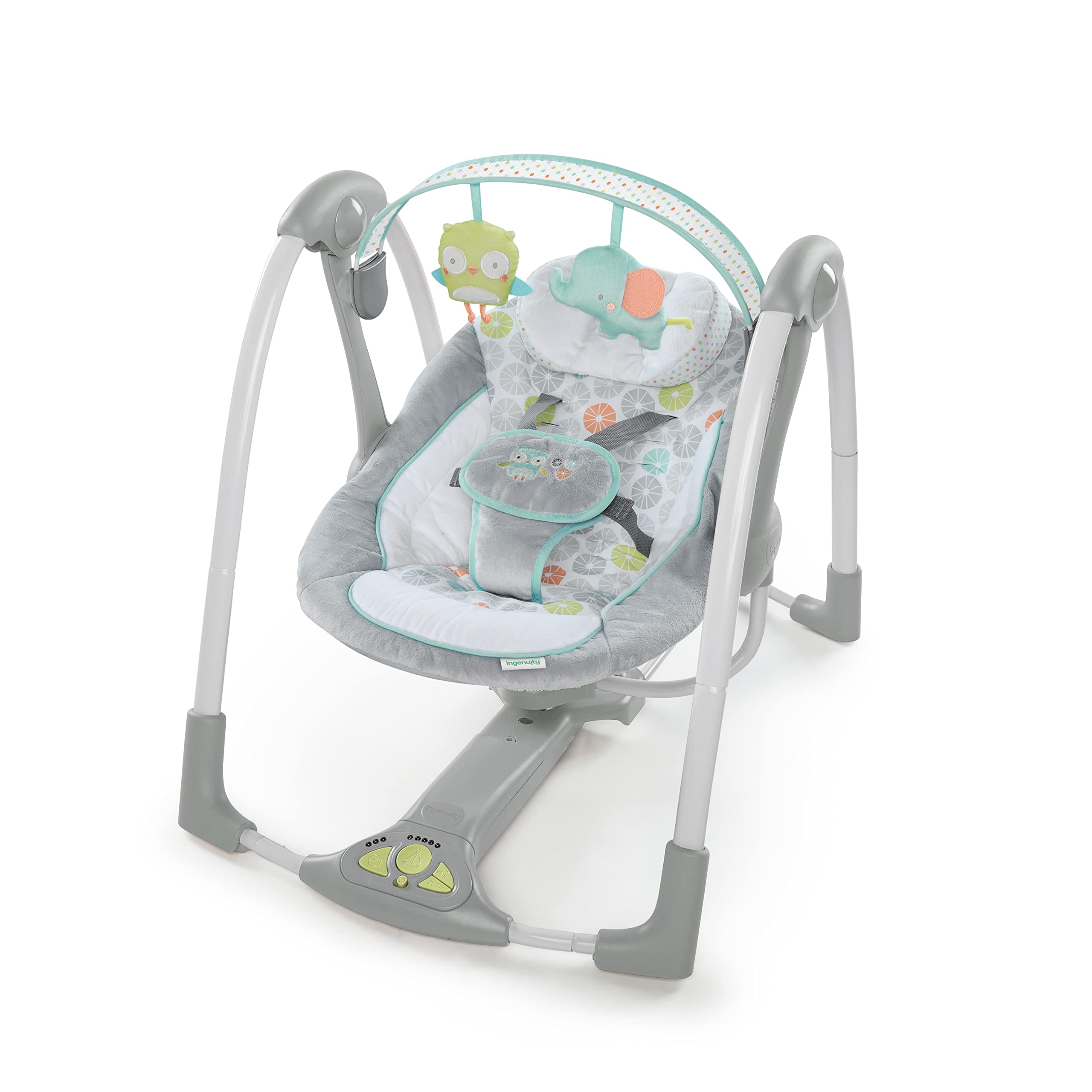 Ingenuity 5-Speed Portable Baby Swing With Music, Nature Sounds & Battery-Saving Technology - Hugs & Hoots, Swing N Go, 0-9 Mont