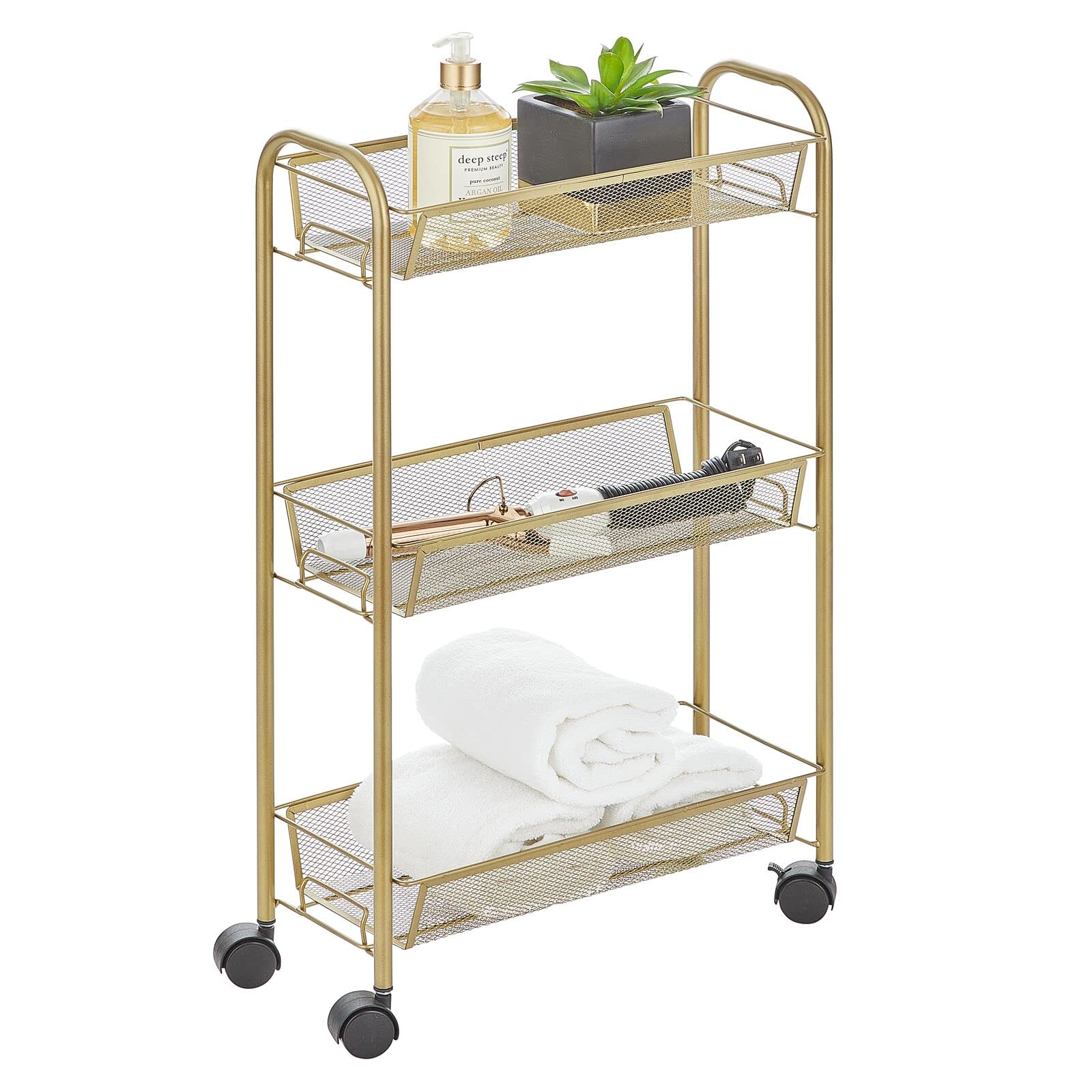 Mdesign Steel Rolling Utility Cart Storage Organizer Trolley With 3 Basket Shelves For Laundry Room, Mudroom, Garage, Bathroom O