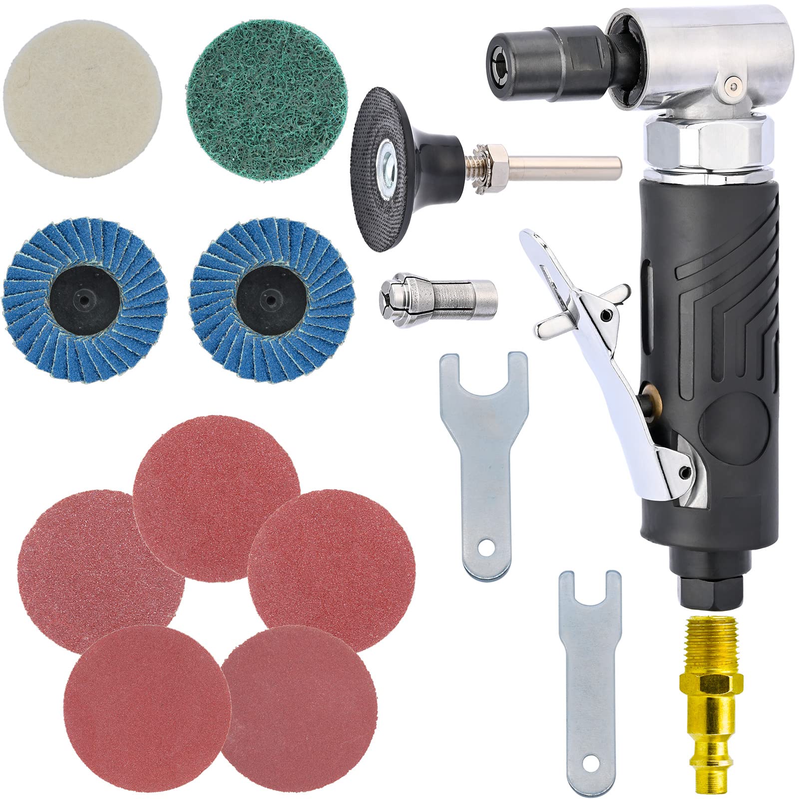 BOWD 14 Inch Angle Air Die Grinder, Mini Angle Air Grinder With 9 Pcs 2 Inch Roll Lock Polishing And Sanding Discs For Air Die Grinde