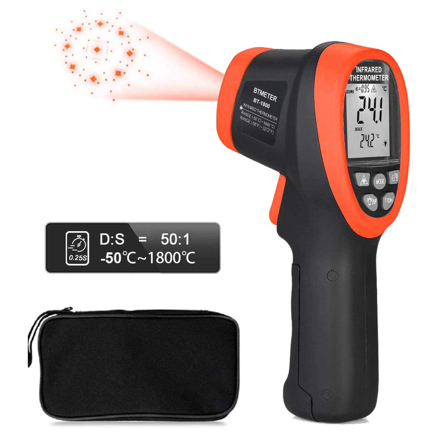 Btmeter Bt-1800 Non Contact Pyrometer High Temperature Infrared Thermometer Gun -58Af 3272Af (-501800) Ds 50:1 For Metal Melting