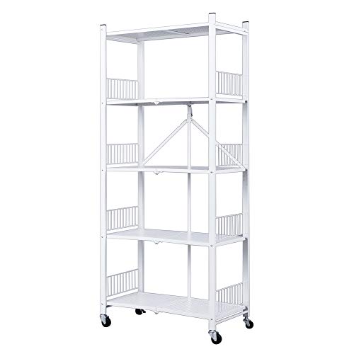 Jaq Foldable Storage Shelves Unit,5-Tier Folding Shelf Rack Organizer Cart With Rolling Wheels For Temporary Or Mobile Storage I