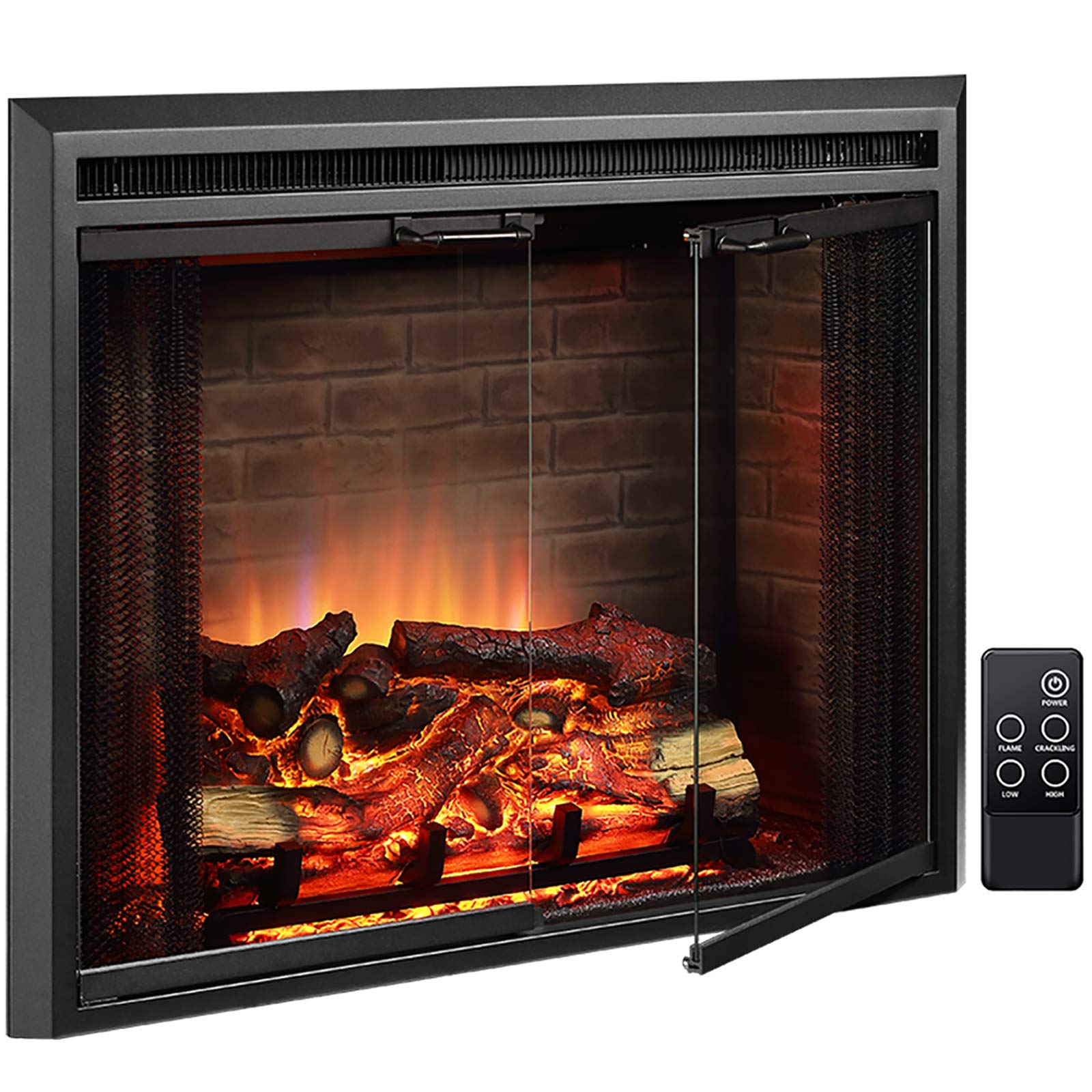 Puraflame Klaus Electric Fireplace Insert With Fire Crackling Sound, Glass Door And Mesh Screen, 7501500W, Black, 33 116 Inches