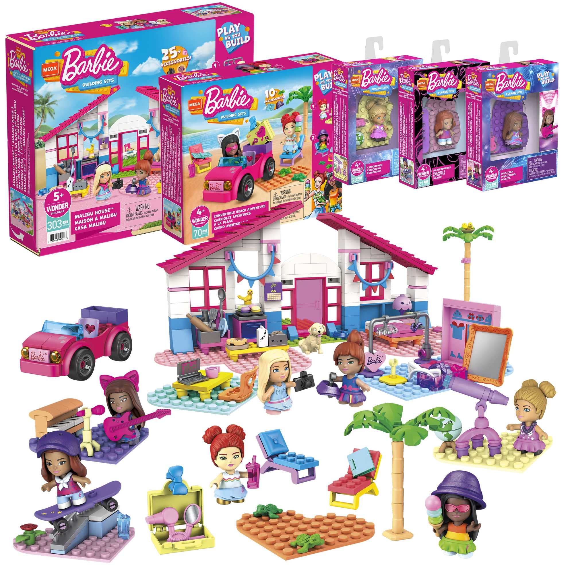 Mega Barbie Malibu Building Sets Bundle, 440 Bricks And Pieces With Fashion And Roleplay Accessories, 7 Micro-Dolls, 1 Puppy, 2