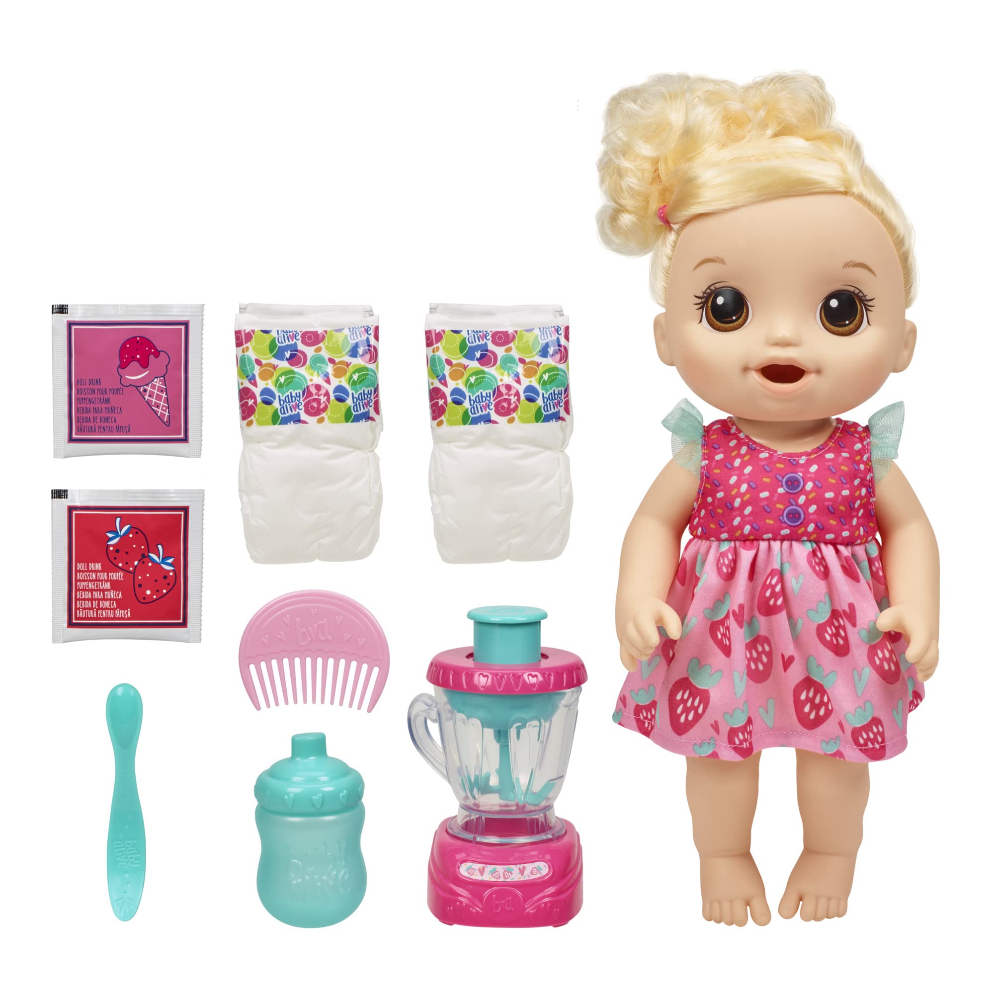 Baby Alive Magical Mixer Baby Doll, Strawberry Shake, Baby Alive Doll With Toy Blender, Baby Doll Set For Kids 3 And Up, Blonde