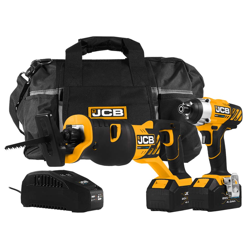 Jcb Tools - 20V, 2-Piece Power Tool Kit - Impact Drill Driver, Reciprocating Saw, 2 X 4.0Ah Batteries, Charger, Tool Bag - For H
