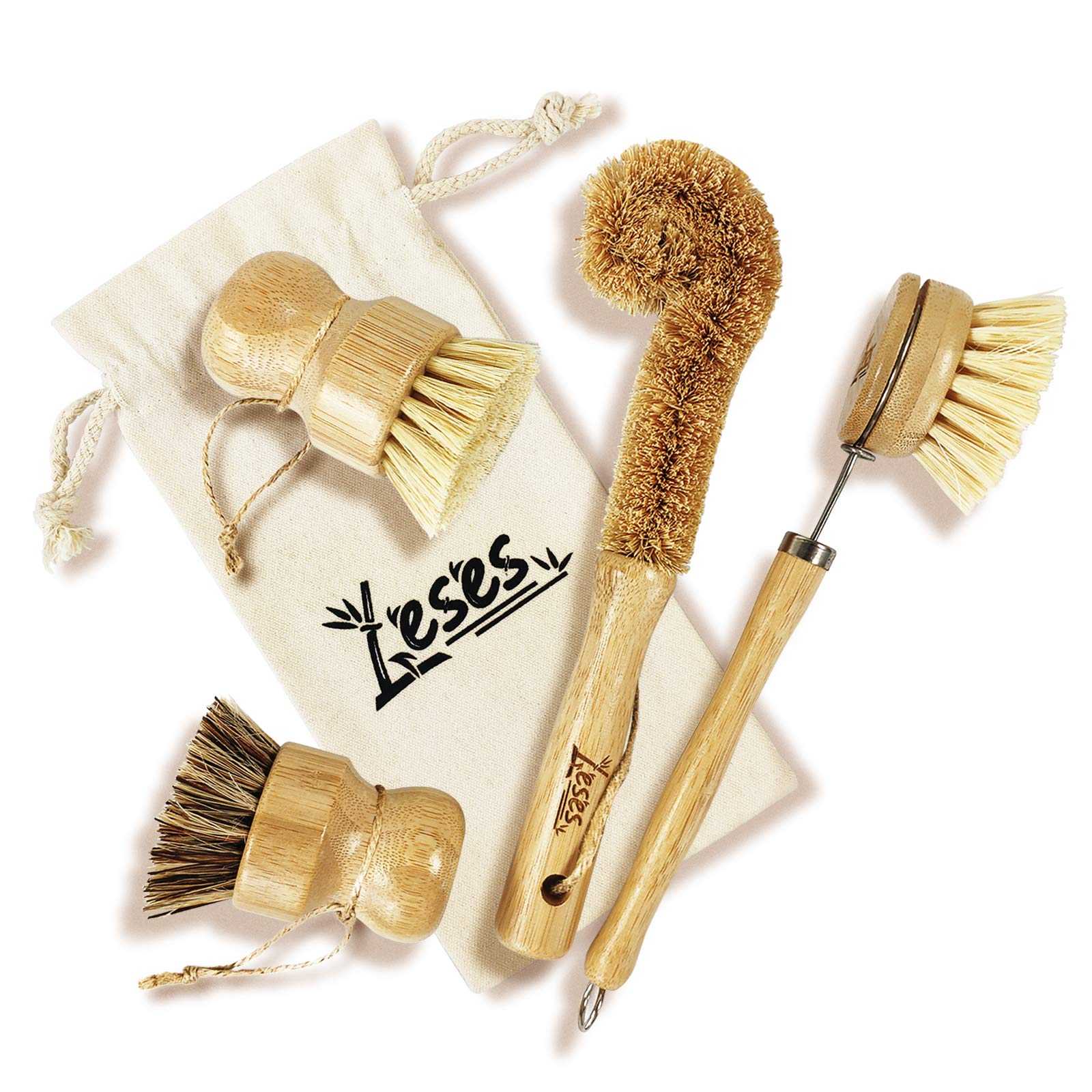 LESES Leses Dish Brush Natural Bamboo Dish Scrub Brush Set With Handle 100%  Plastic Free Eco Friendly Cleaning Brushes For Kitchen Cle