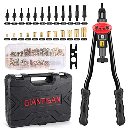 G GIANTISAN Rivet Nut Tool, Giantisan 16-Inch Rivnut Tool Kit With 12 Metric And Sae Mandrels, Nutsert Rivet Tool Set With 176Pcs Assorted R