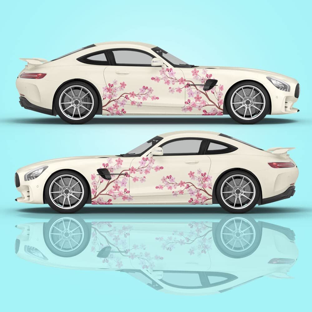 SQHNGOM 2PcS Sakura cherry Blossom car Livery, Japanese Theme Side car Vinyl Livery, Universal Size, Large Vehicle graphics, car Livery 