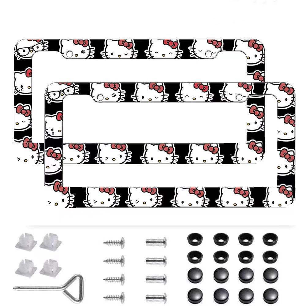 QQWFRA 2Pcs Rust-Proof Aluminum Alloy Metal License Plate Frame Hello Kitty Tag License Plate Frame car Accessories