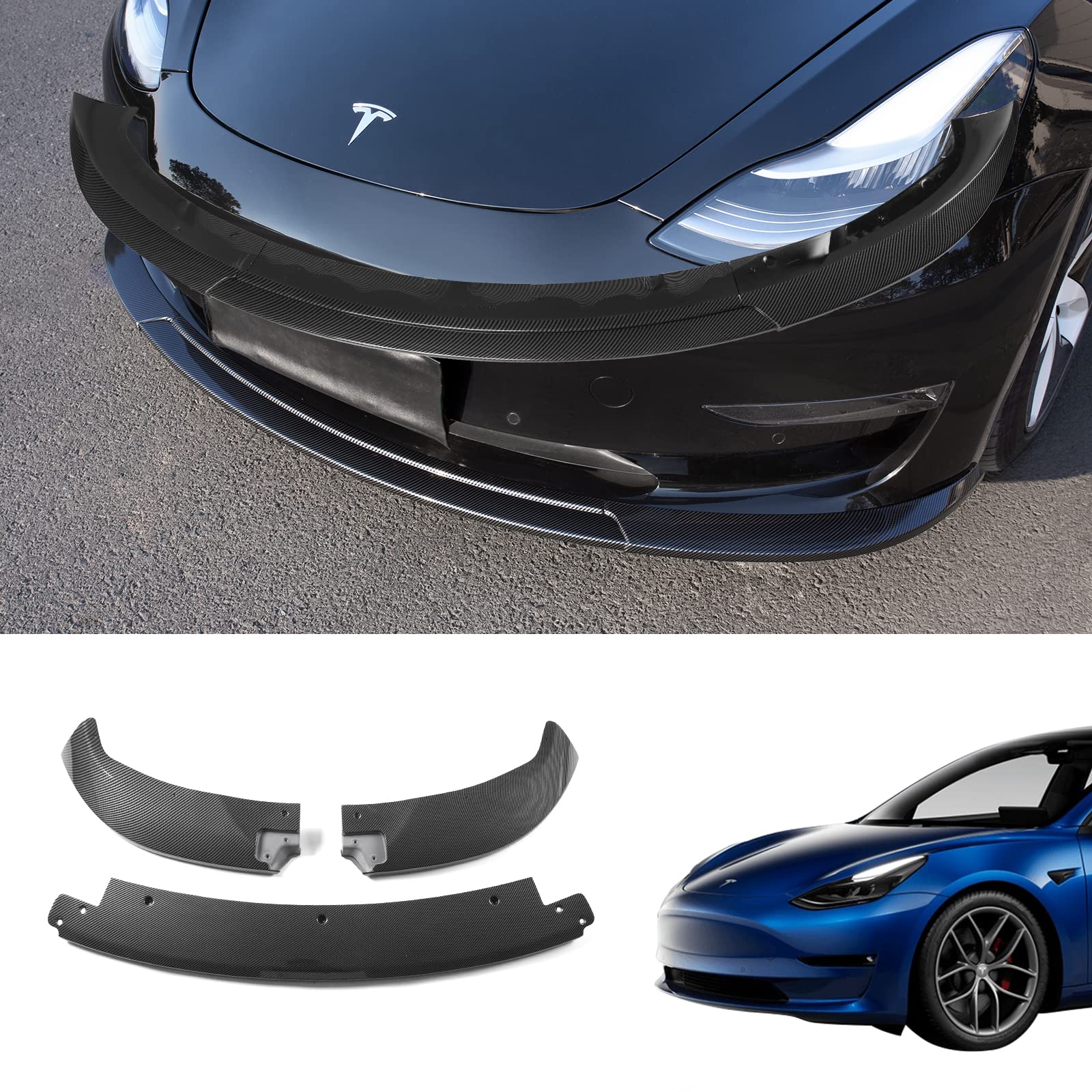 Bomely Fit Tesla Model 3 Front Bumper Lip Kit car glossy Mods Spoiler 2017-2023 Tesla Model 3 Accessories (glossy carbon Fiber P