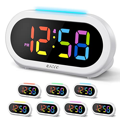 USccE Small colorful Alarm clock for Kids Bedroom - 7 color Night Light, 0-100% Dimmer, 5 Alarm Sounds, USB charger, Easy to Set