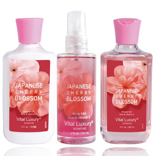 Vital Luxury Bath & Body care Travel Set - Home Spa Set with Body Lotion, Shower gel and Fragrance Mist (Japanese cherry Blossom