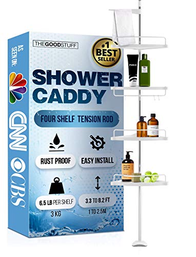 The Good Stuff corner Shower caddy Tension Pole: Five Shower Shelf Storage Rack] Keep your Shower Storage Organized & Tidy with a Free Standing