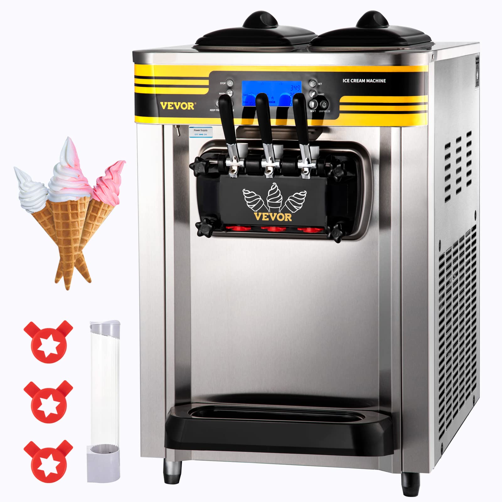 VEVOR commercial Ice cream Maker, 58-8galH Yield, 2350W countertop Soft Serve Machine w 2x6L Hopper 2L cylinder Pre cooling and
