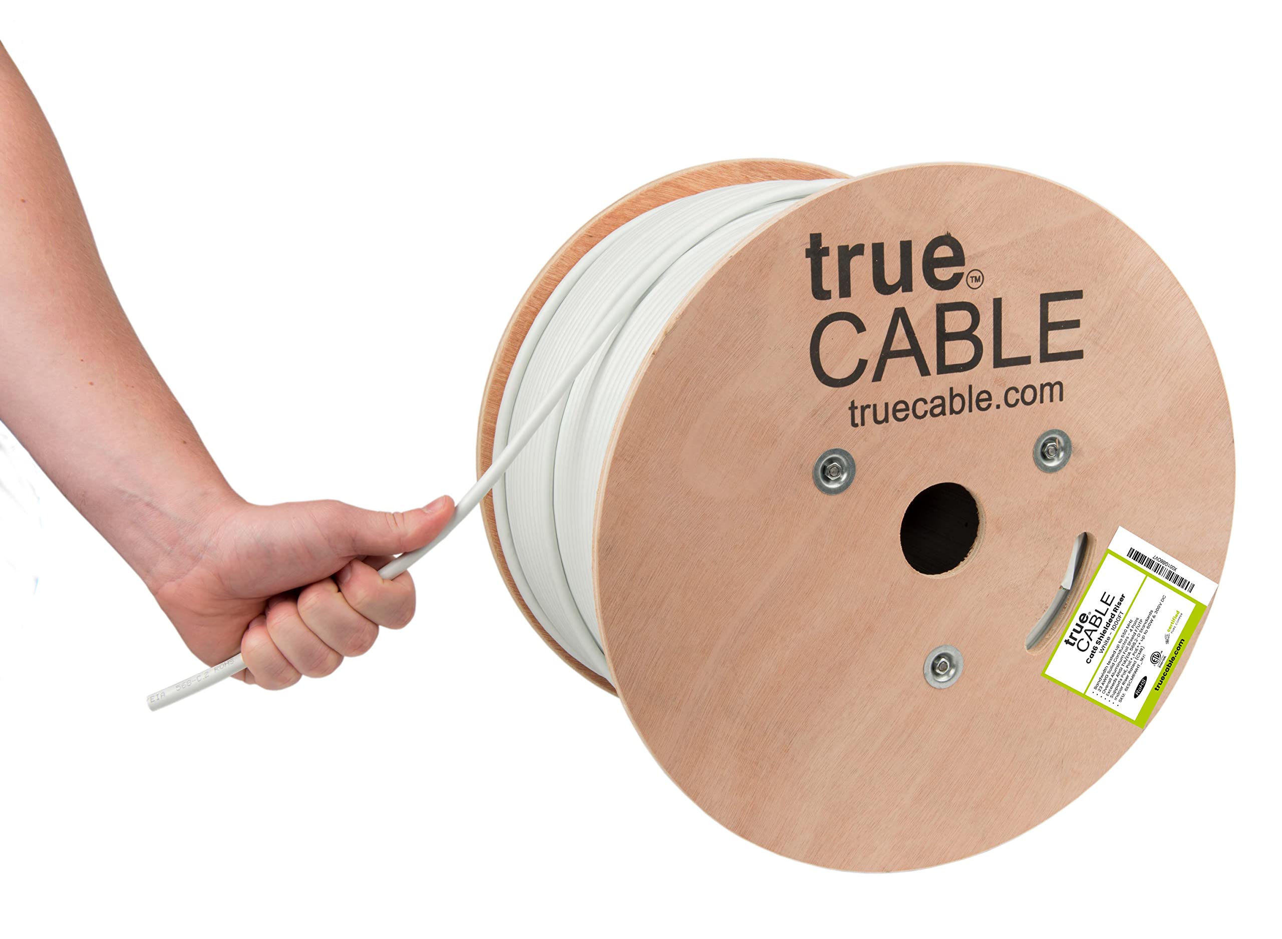 True Cable truecABLE cat6 Shielded Riser (cMR), 1000ft, White, 23AWg Solid Bare copper, 550MHz, PoE++ (4PPoE), ETL Listed, Overall Foil Shi