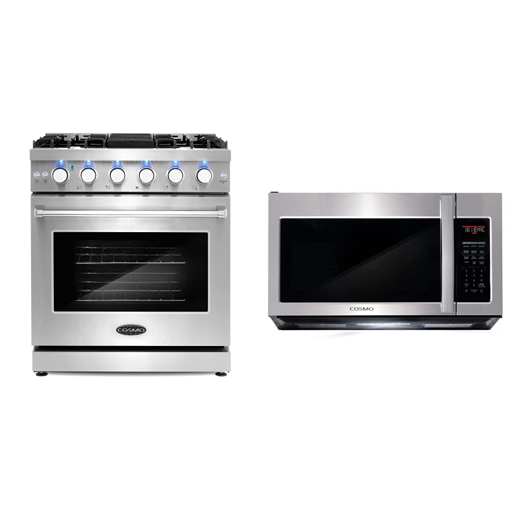 cOSMO cOS-EPgR304 Slide-in Freestanding gas Range, 30 inch, Stainless Steel & cOS-3019ORM2SS Over the Range Microwave Oven with 