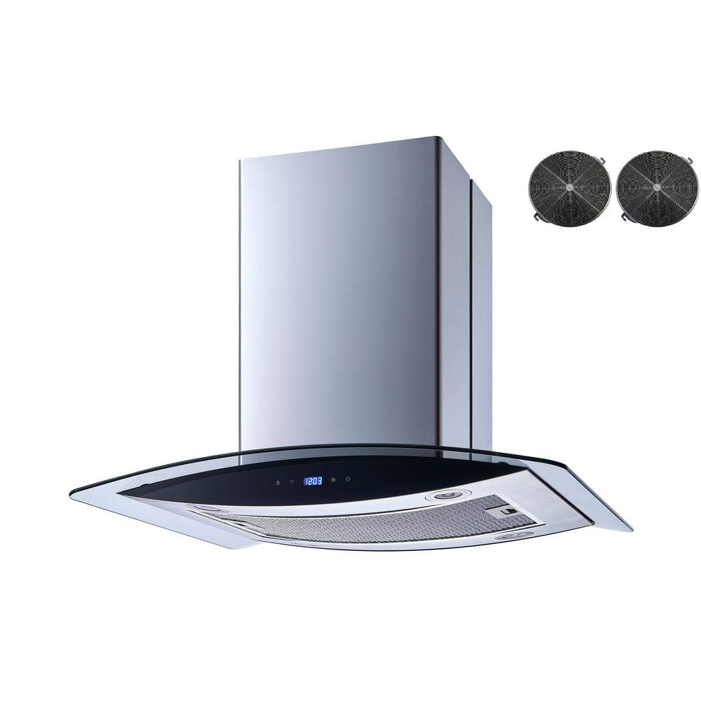 Winflo 30 In. convertible Stainless Steel glass Island Range Hood with Mesh Filter, 2 pcs charcoal Filters and Touch Sensor cont