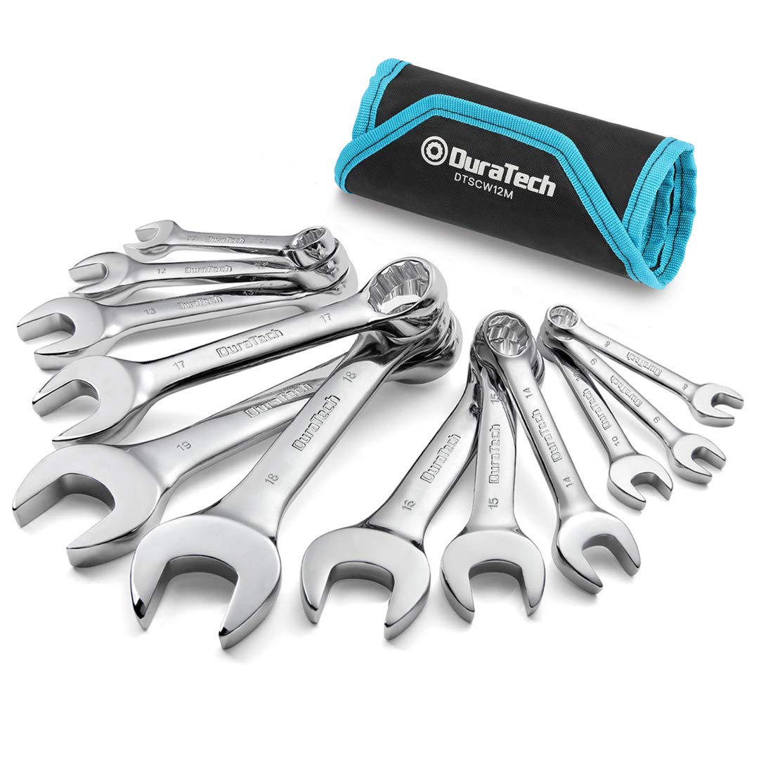 Duratech Stubby Combination Wrench Set, Metric, 12-Piece, 8-19Mm, 12 Point, Cr-V Steel, With Rolling Pouch