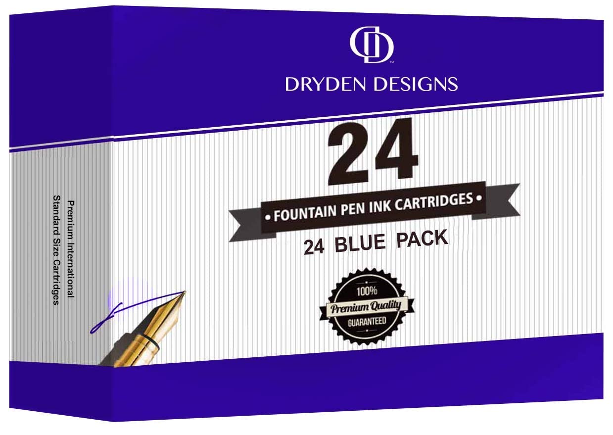 Dryden Designs Fountain Pen Ink Cartridges - Set Of 24 Blue Ink Cartridges - Short International Standard Size - Disposable And