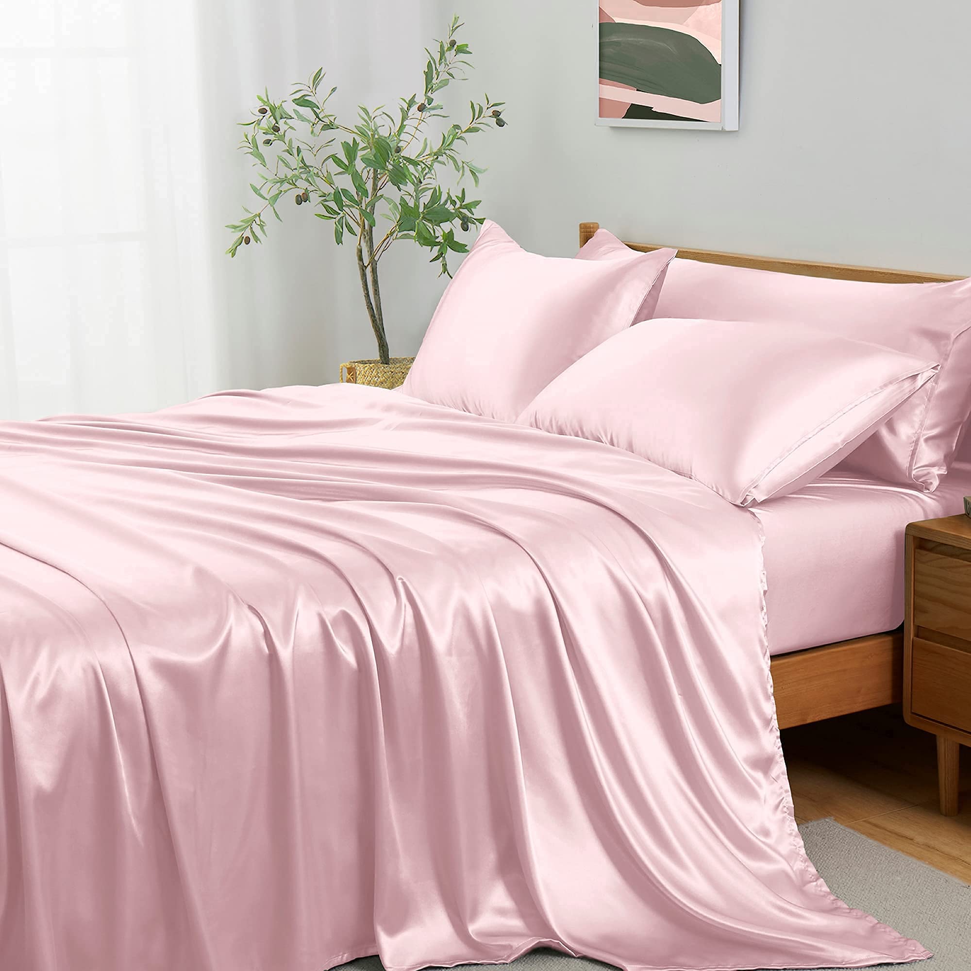 Entisn 5Pcs Silky Satin Sheets Set Queen Size Satin Bed Sheets Set Blush  Pink Luxury Bedding Sets Breathable \u0026 Ultra Soft Sheets, image size:2000x2000