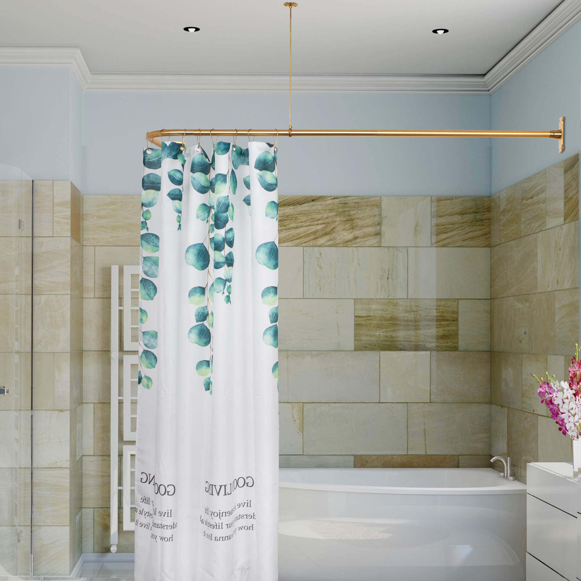Artiwell L Shaped Shower Curtain Rod, Bathroom Bathtub Corner Shower Curtain Rod With Ceiling Support (Satin Goldbrass)