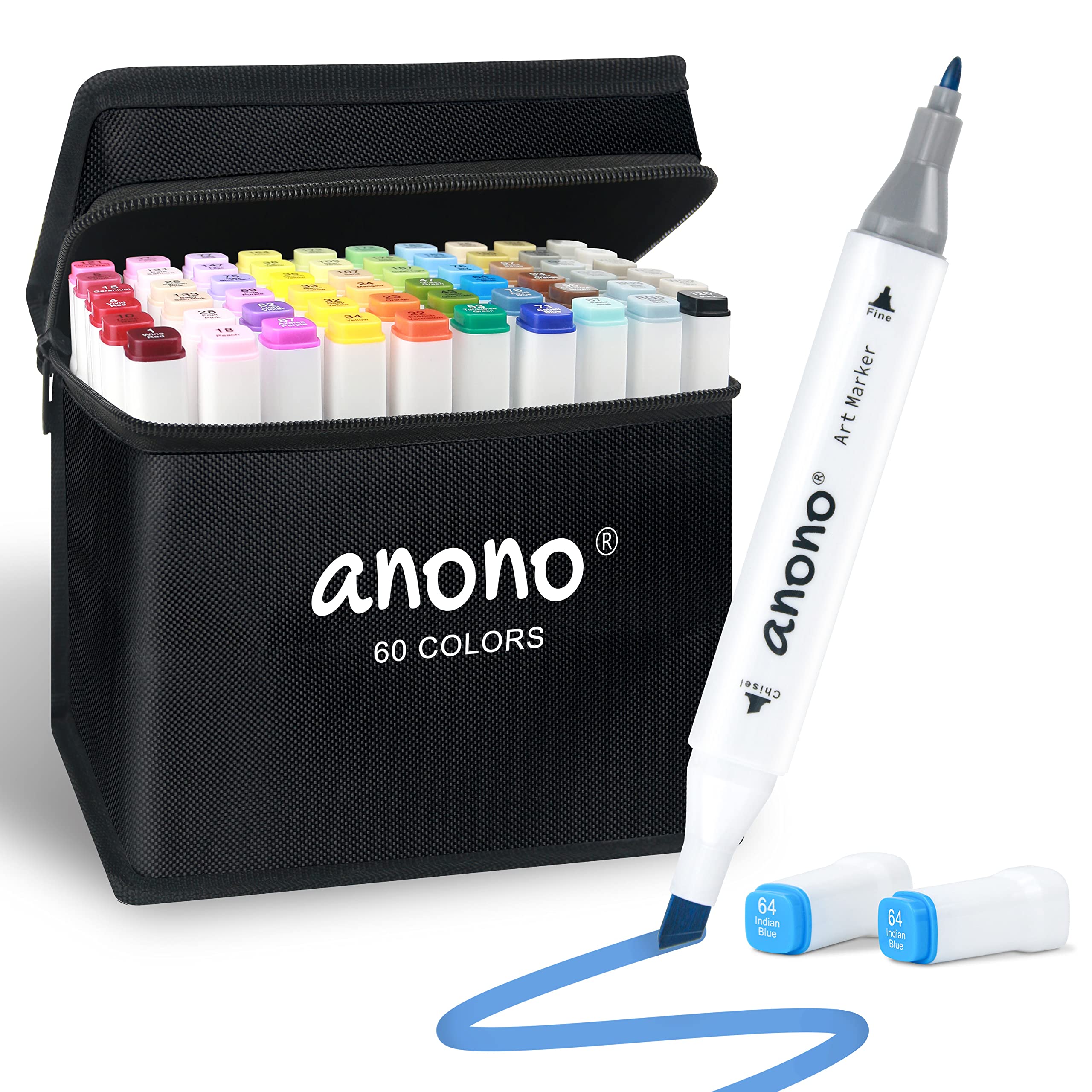 Anono 60 Colors Alcohol Marker Dual Tip Marker Permanent Marker Set Artist Markers With Carry Bag For Kids Adults Coloring Drawi