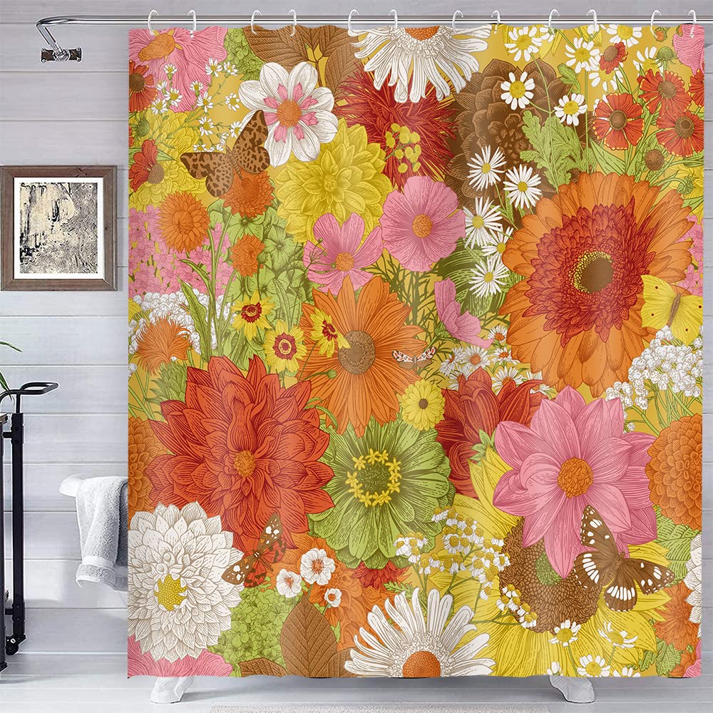 Decoreagy Extra Long Shower Curtain 72X78 Inch Length, Orange Yellow Pink White Vintage Floral Shower Curtain Set For Bathroom,
