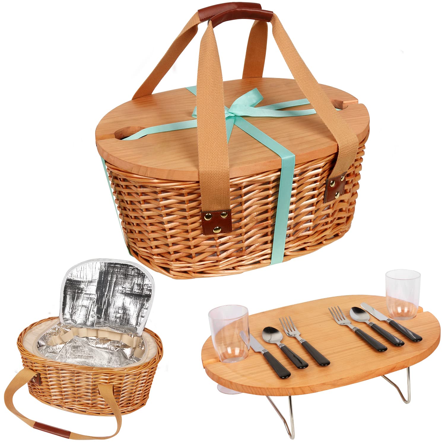 Hap Tim Wicker Picnic Basket Set For 2 With Mini Folding Wine Picnic Table  Large Insulated Cooler Bag  Cutlery Service Kits F