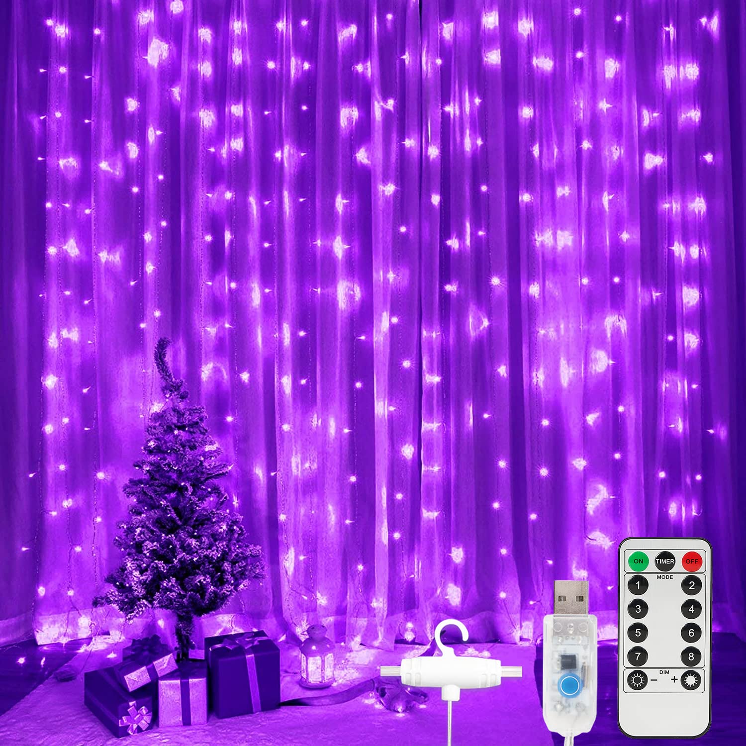 Sunnest Christmas 300 Led Curtain String Light, 98Ft X 98Ft 8 Lighting Modes Fairy Window String Lights Wedding Party Home Garde