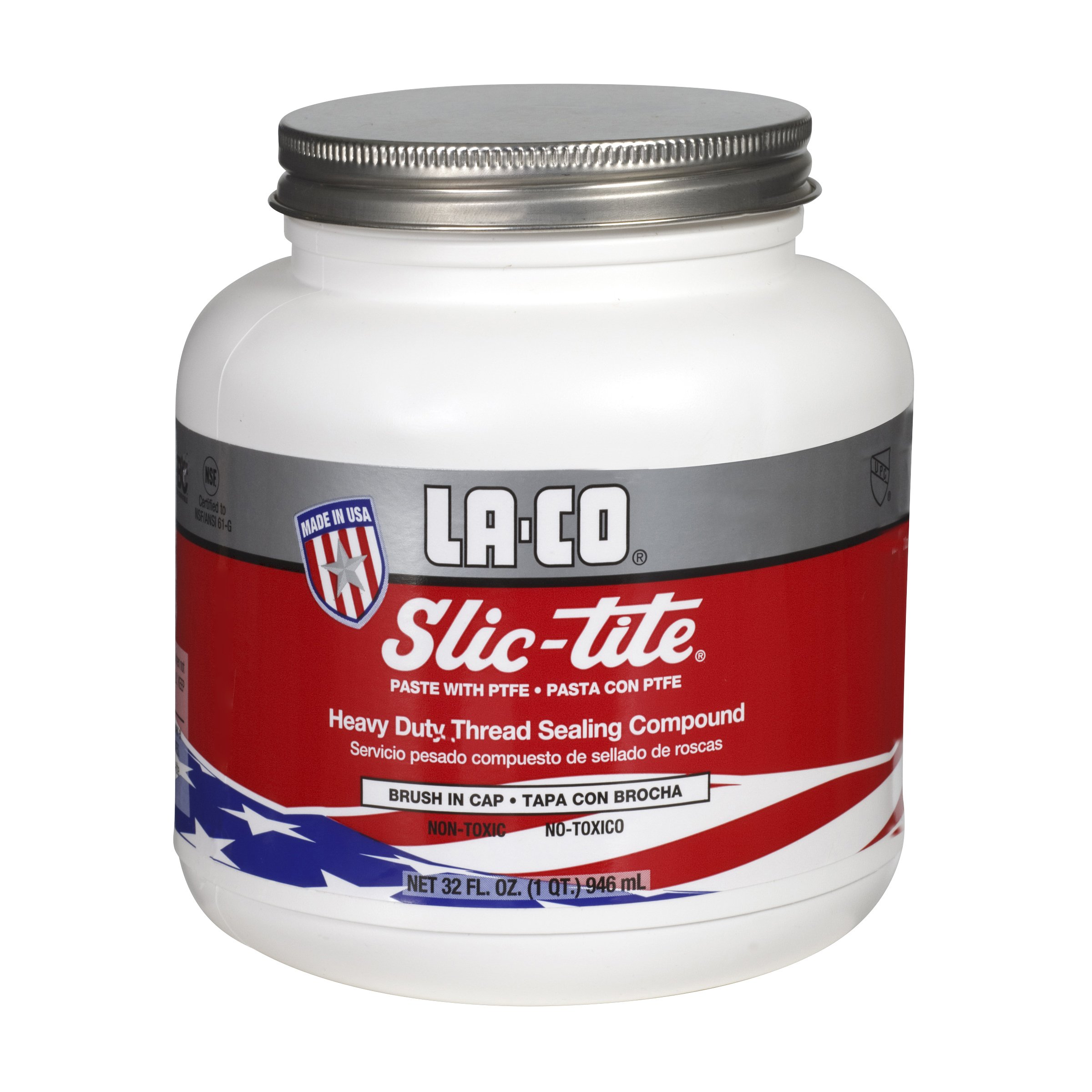 La-Co 42049 Slic-Tite Premium Thread Sealant Paste With Ptfe, Non Hardening, -50 To 500 Degree F Temperature, 1 Qt Jar With Brus