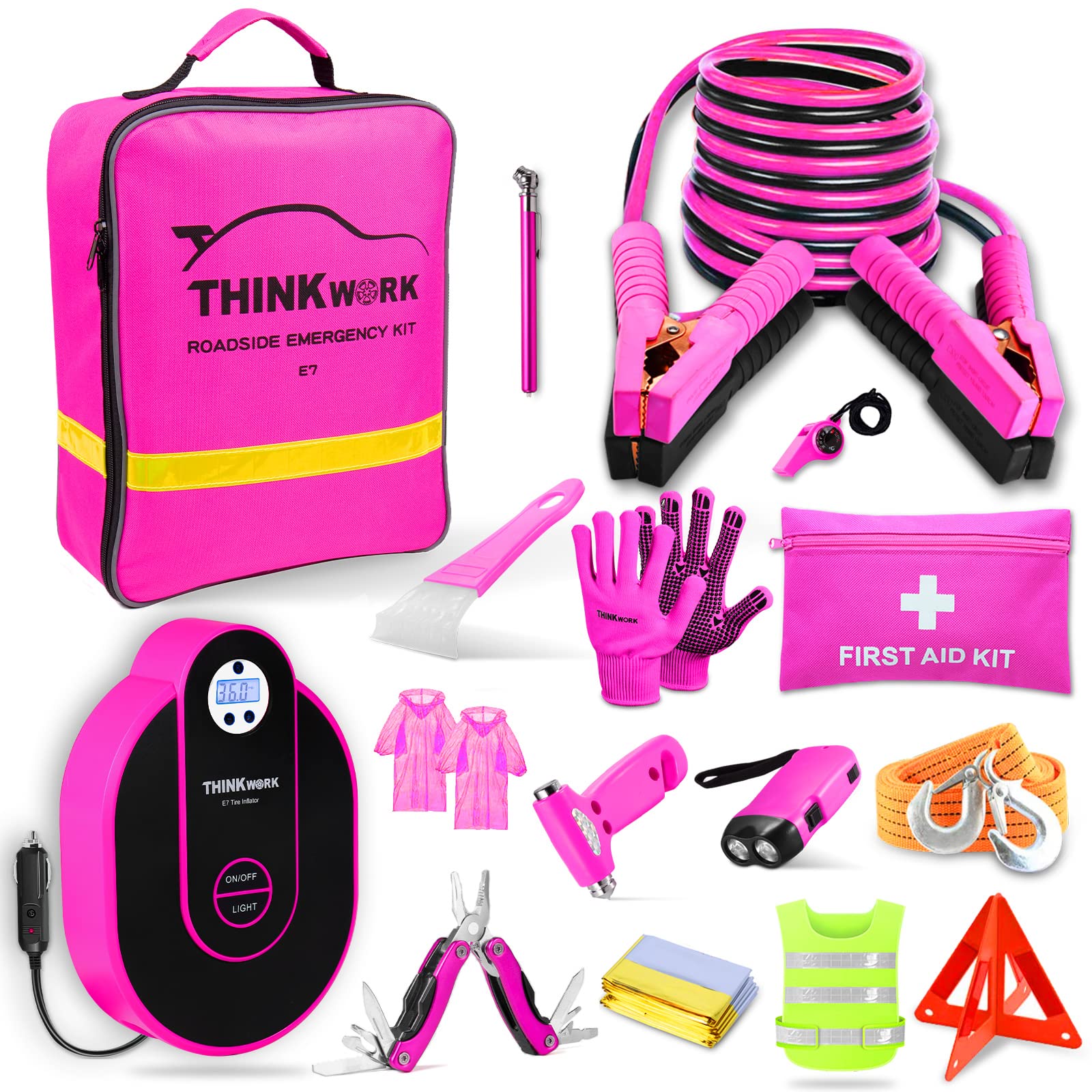 Thinkwork Car Emergency Kit For Teen Girl And Ladys Gifts, Pink Emergency Roadside Assistance Kit With Digital Air Compressor, 1