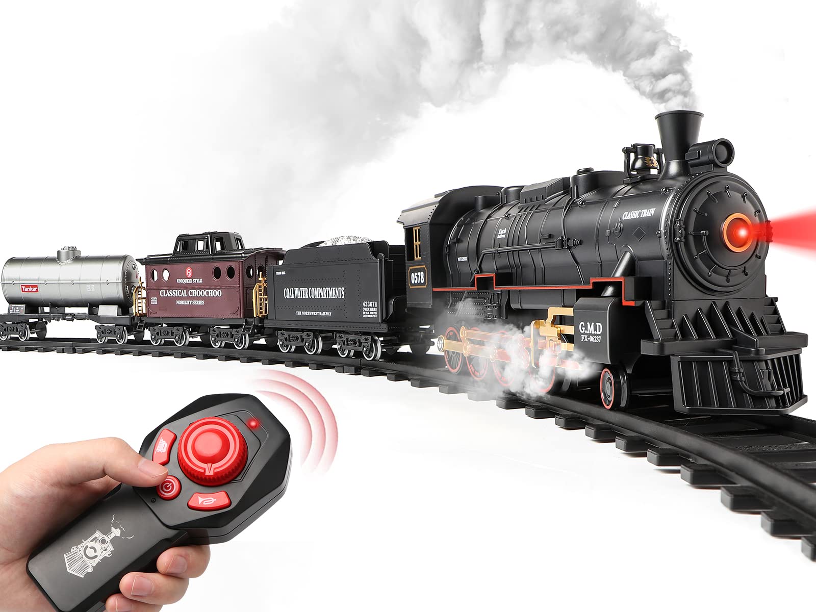 Hot Bee Train Set For Boys - Remote Control Train Toys Wsteam Locomotive, Cargo Cars  Tracks,Trains Wrealistic Smoke,Sounds  L