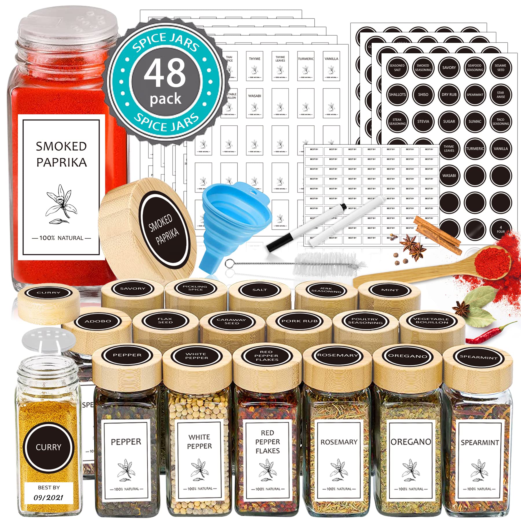 Aliggbent Spice Jars With Lable, 48 Pcs 4 Oz Glass Spice Jars With Bamboo  Lids, Spice Containers Bottles, Glass Seasoning Jars W