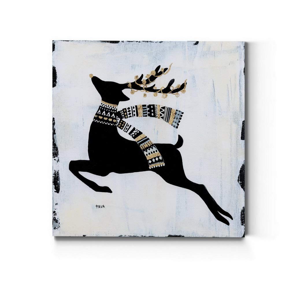 Renditions Gallery Christmas Reindeer Wall Art, Cute Winter Artwork, Black, Gold,  White, Tribal Patterns, Premium Gallery Wrap