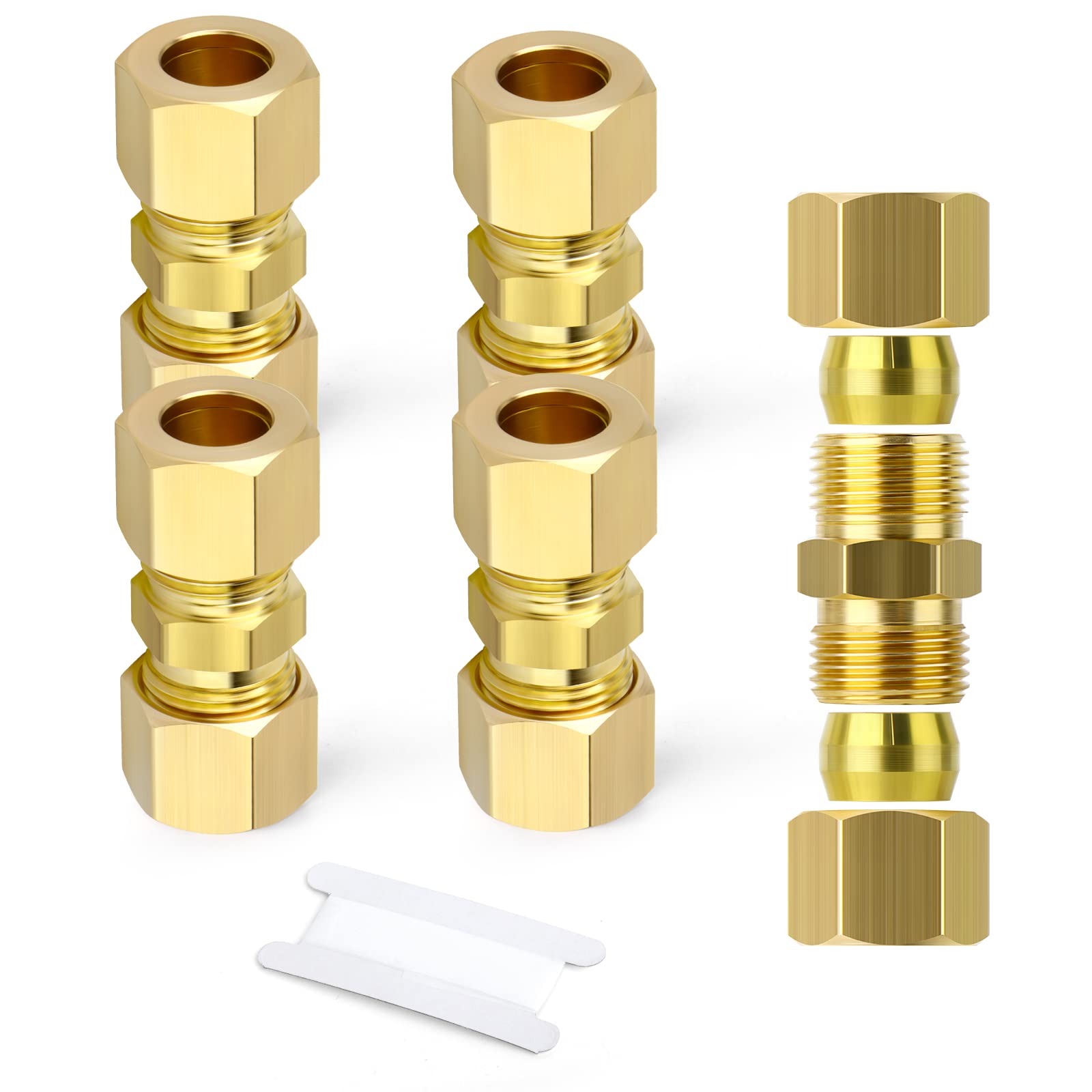 Gasher 5Pcs Brass Compression Tube Pipe Fitting Connector, 12 Tube Od X 12 Tube Od Connector
