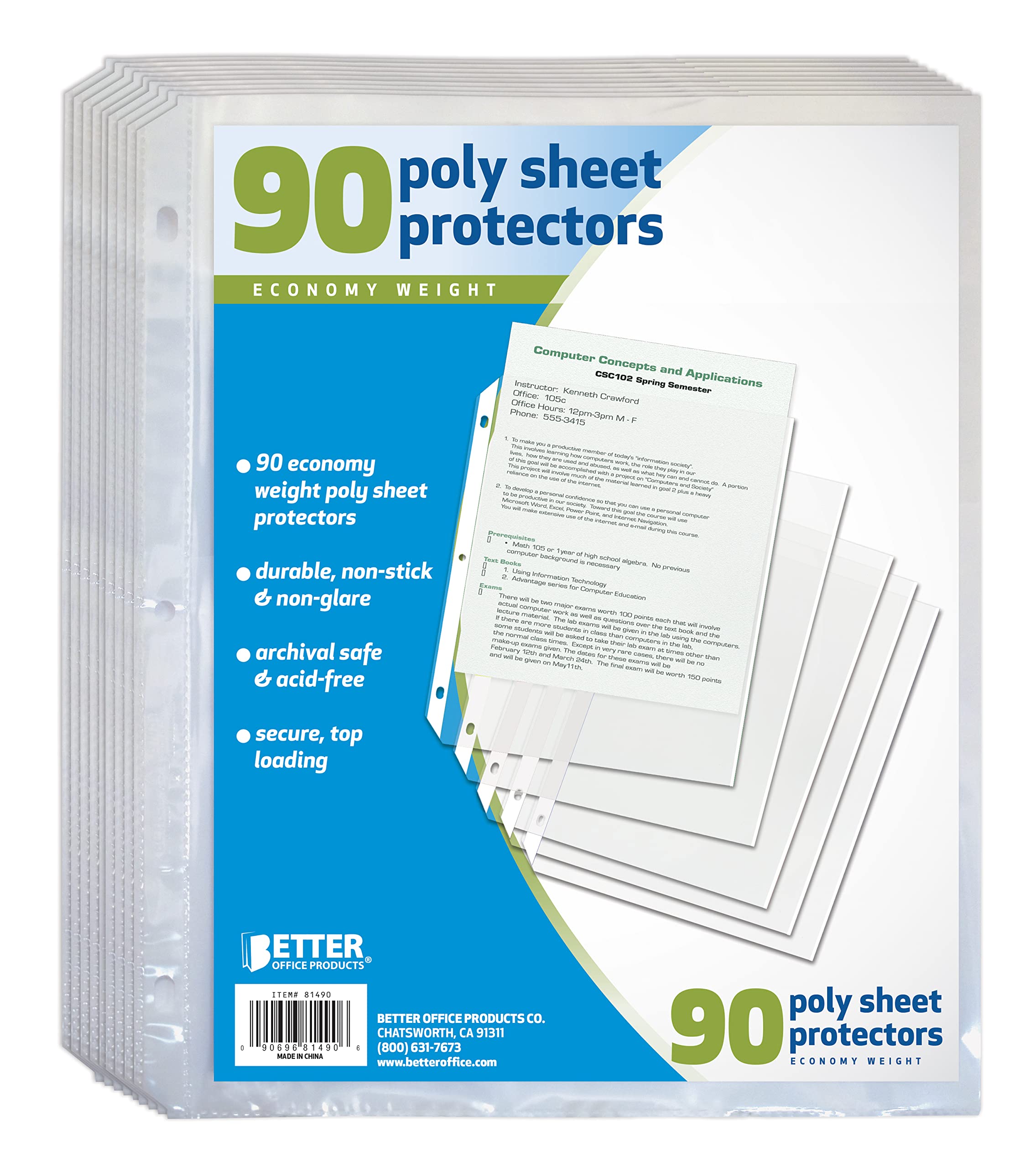 Better Office Produc 90 Count Sheet Protectors, 100 Percent Poly Sheet Protectors By Better Office Products, 85 X 11, Top Loading Paper Protectors