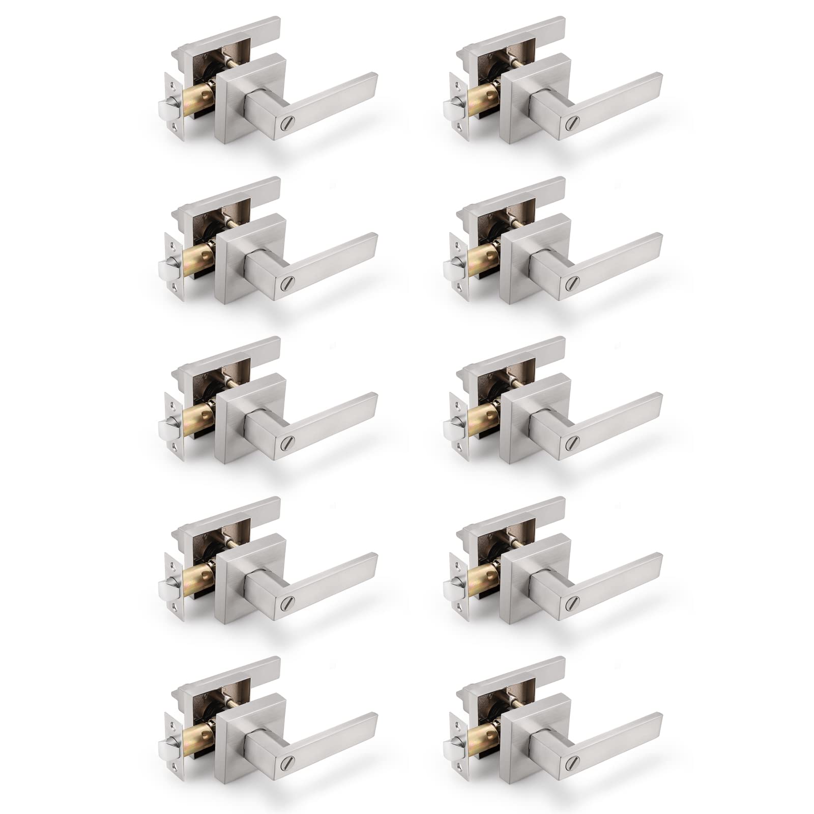 Gobrico 10 Pack Square Satin Nickel Privacy Door Locksets,Interior Door Levers For Bedbath,Thumb-Turn Button Inside,Used On Left