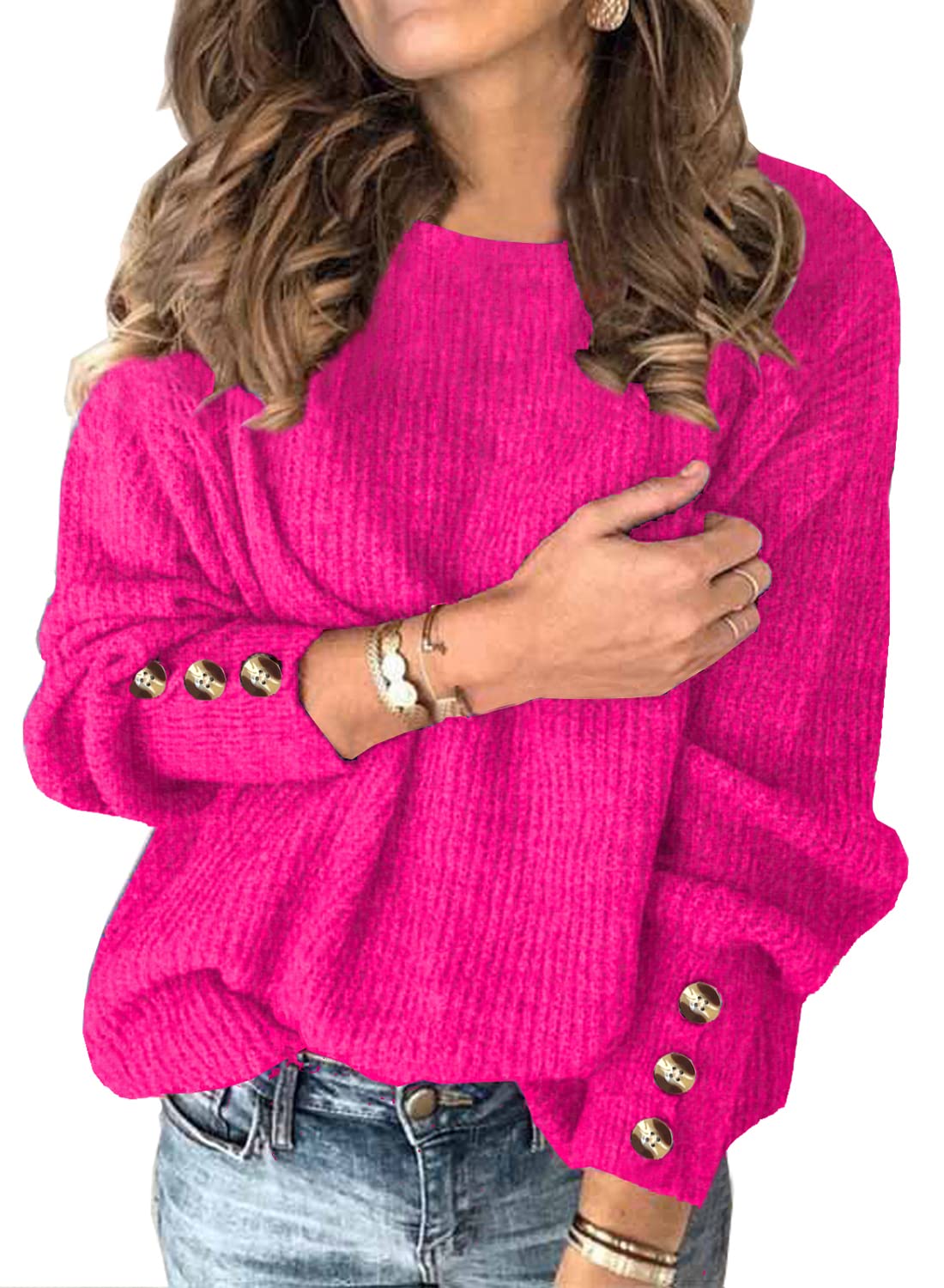 LEIYEE Hot Pink Spring Sweaters For Women 2023 Clearance Dressy Casual  Pullover Fall Winter Ladies Work Ribbed Knit Sweater With Button