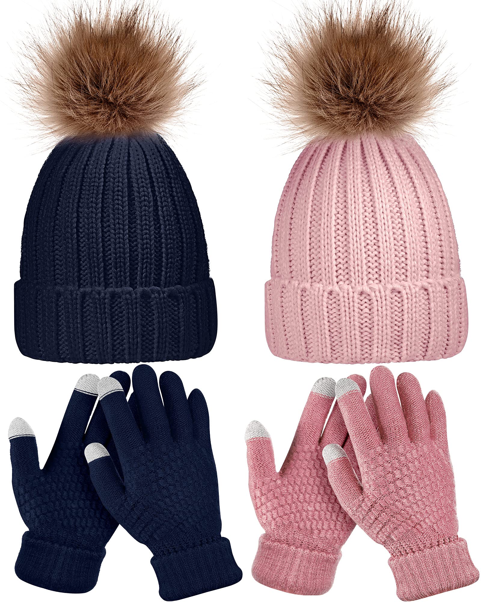 Syhood 4 Pieces Winter Hat And Gloves Set Women Beanie Hat