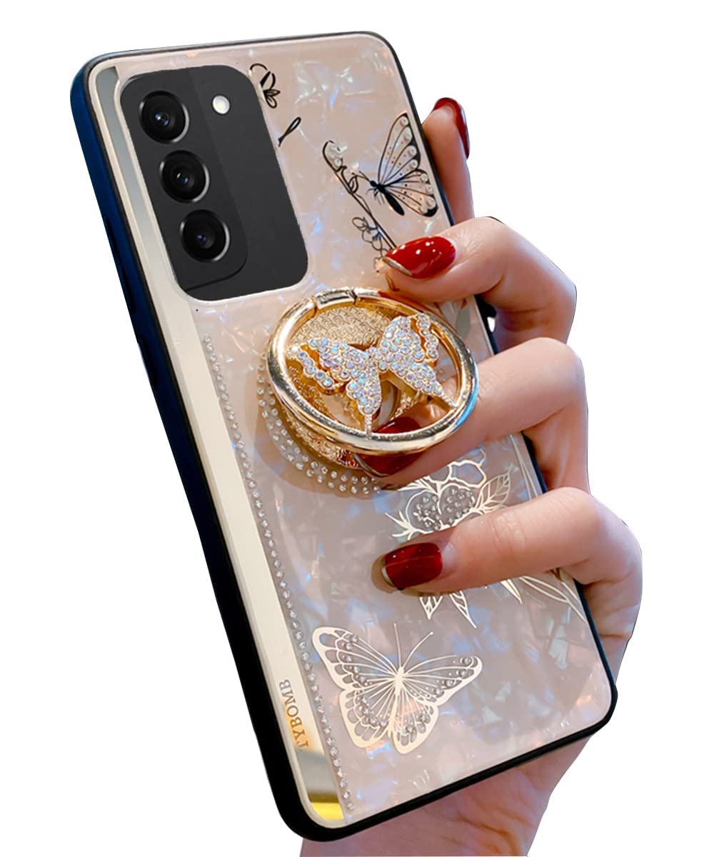 Topwin Galaxy A13 5G Kickstand Case, Cute Marble Conch Shell Floral Butterfly With Ring Stand Mirror Elegant Shockproof Protecti