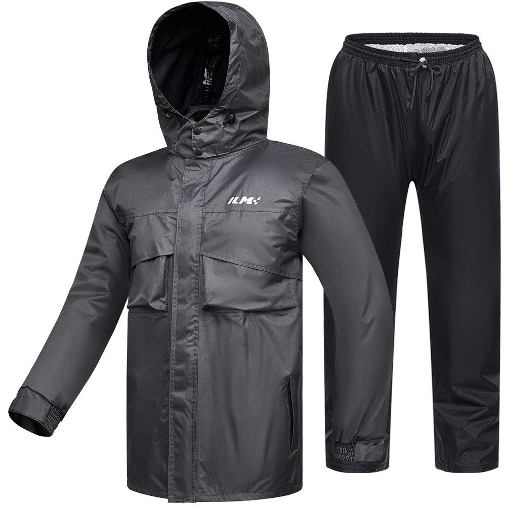 Ilm Motorcycle Rain Suit Waterproof Wear Resistant 6 Pockets 2 Piece Set With Jacket And Pants Fits Men (Mens Large, Gray)